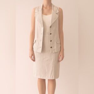 Vintage AP Collection 100% Linen Beige Striped 2-Piece Dress, Size M/L